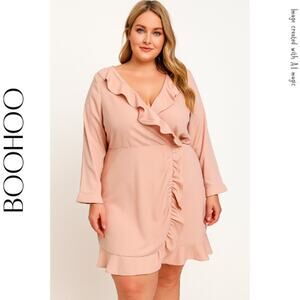 BOOHOO Ruffle Hem Faux Wrap Dress, Rose, 18, NWT!